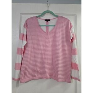 French Kyss Womens Sweater Ribbed Pink White Striped Sleeves Size Medium